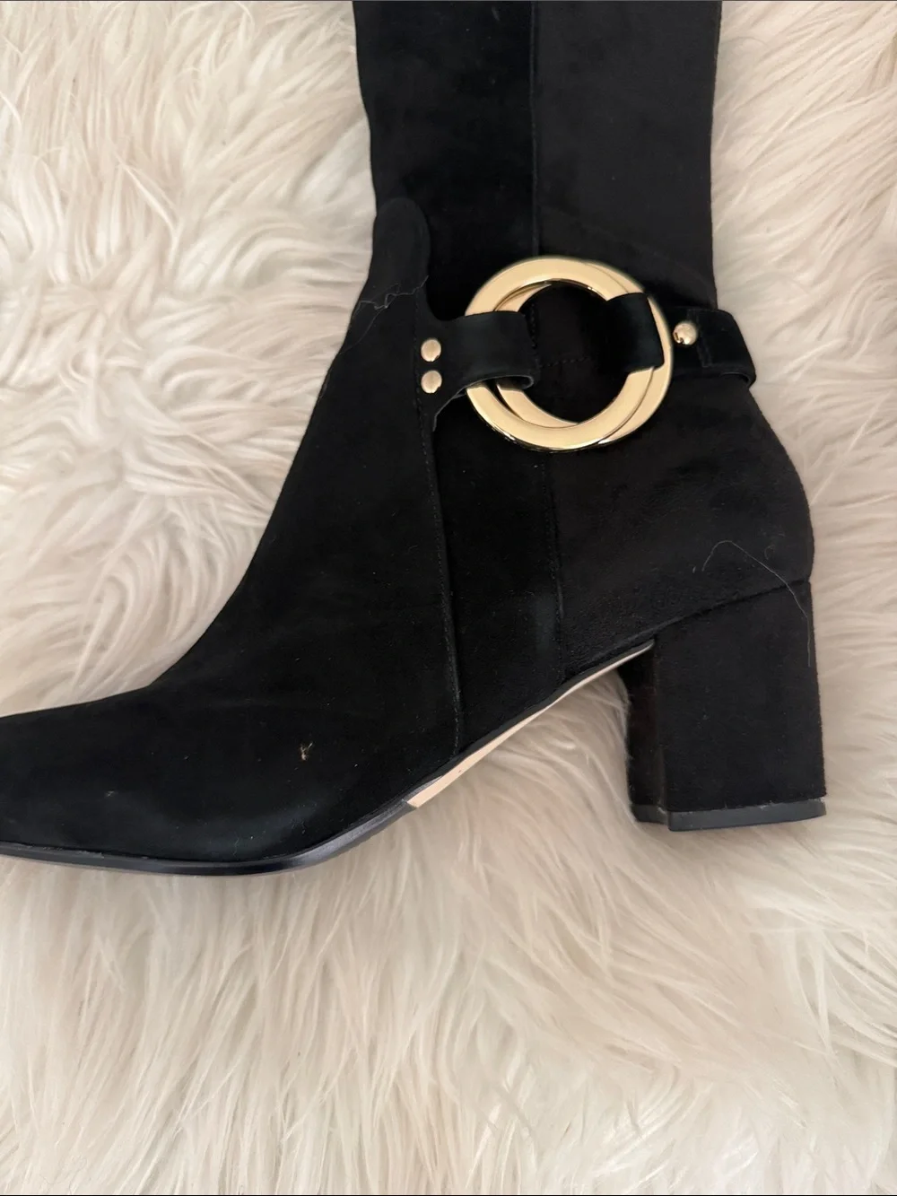 Karl Lagerfeld Black Suede Over-the-Knee Boots with Gold Ring Detail. NWOT